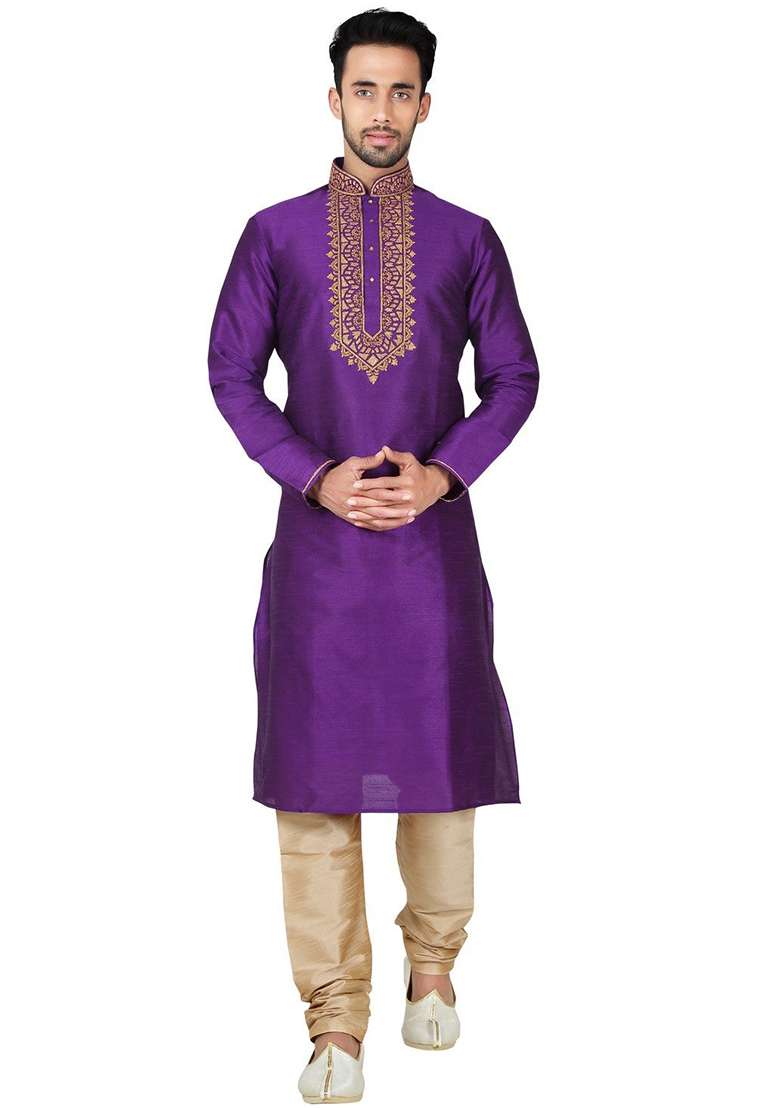 Purple Solid Silk Blend Kurta Set For Men - Indya