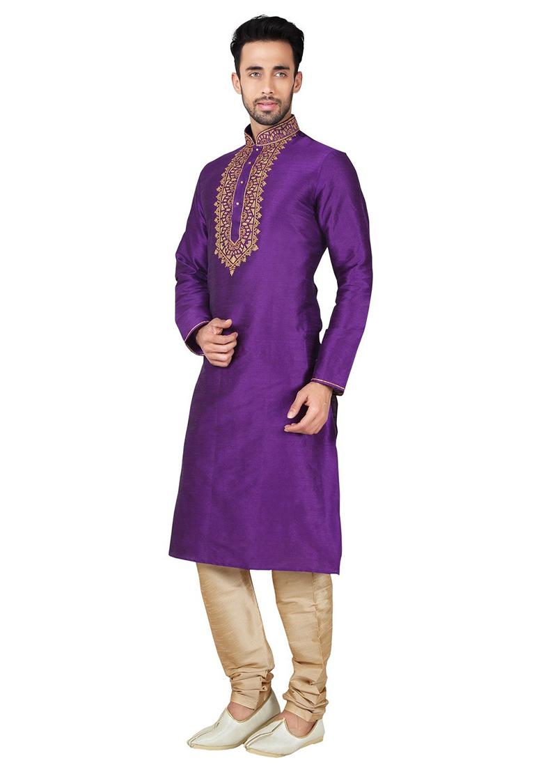 Purple Solid Silk Kurta Set For Men