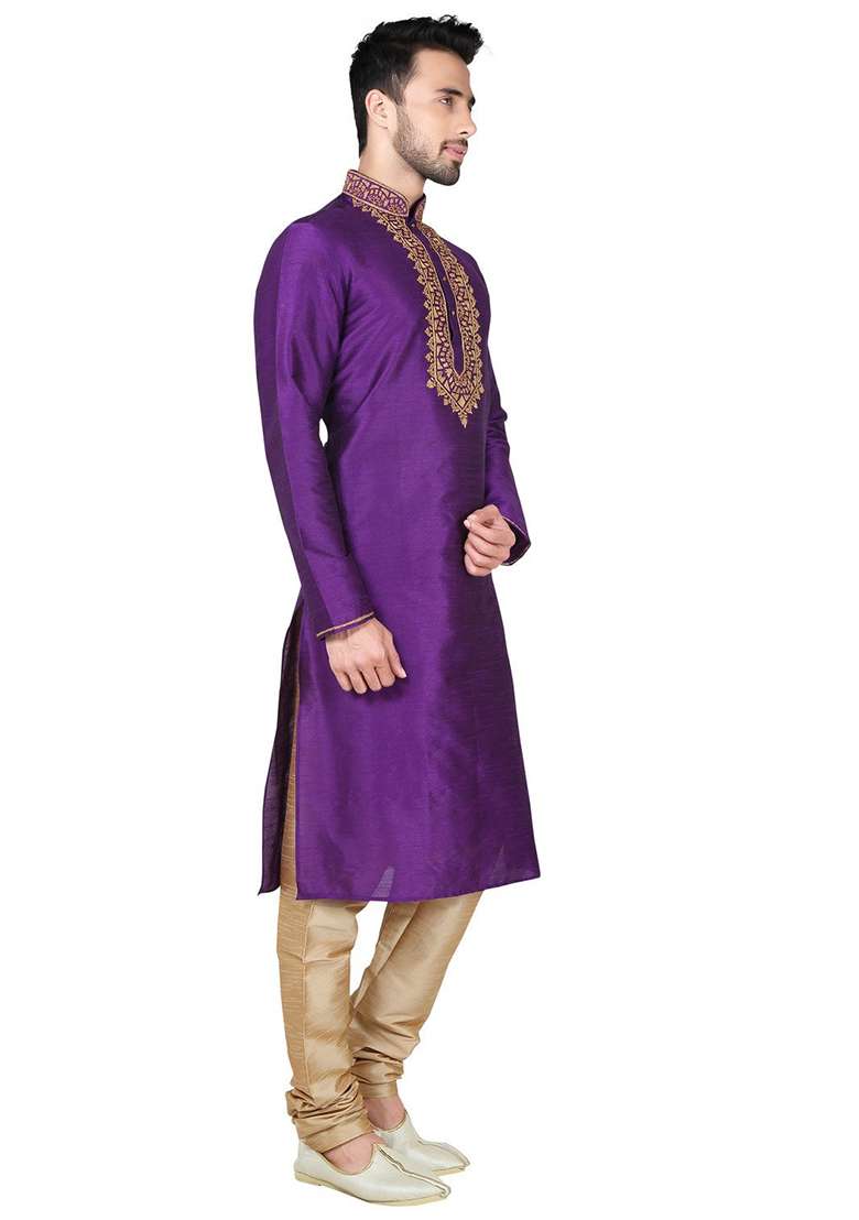 Purple Solid Silk Blend Kurta Set For Men - Indya