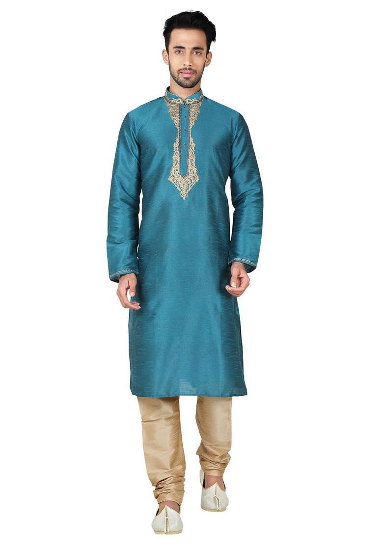 Rama Green Solid Silk Blend Kurta Set For Men - Indya
