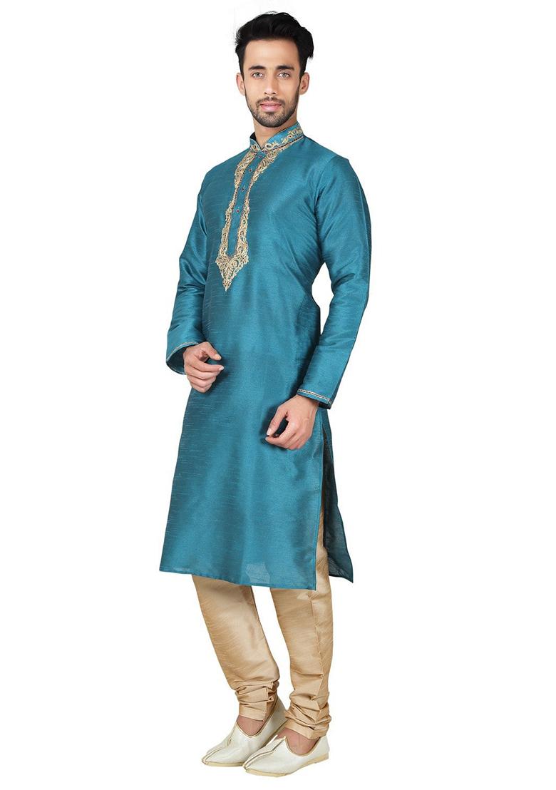 Rama Green Solid Silk Kurta Set For Men