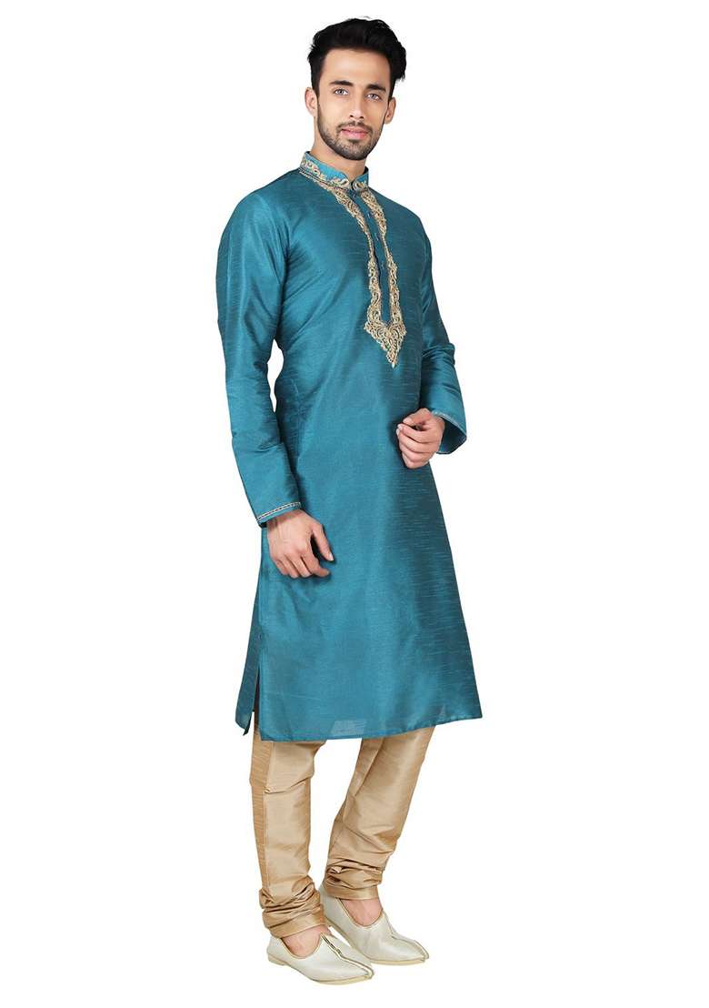 Rama Green Solid Silk Blend Kurta Set For Men - Indya