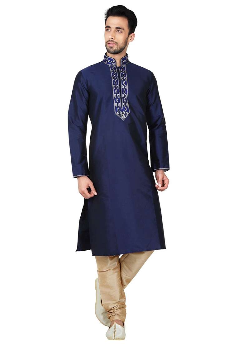 Navy Blue Solid Silk Blend Kurta Set For Men - Indya