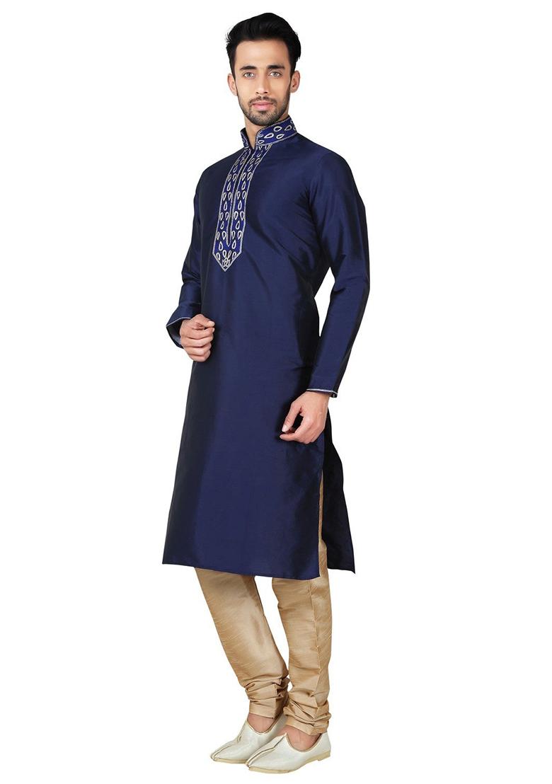 Navy Blue Solid Silk Kurta Set For Men