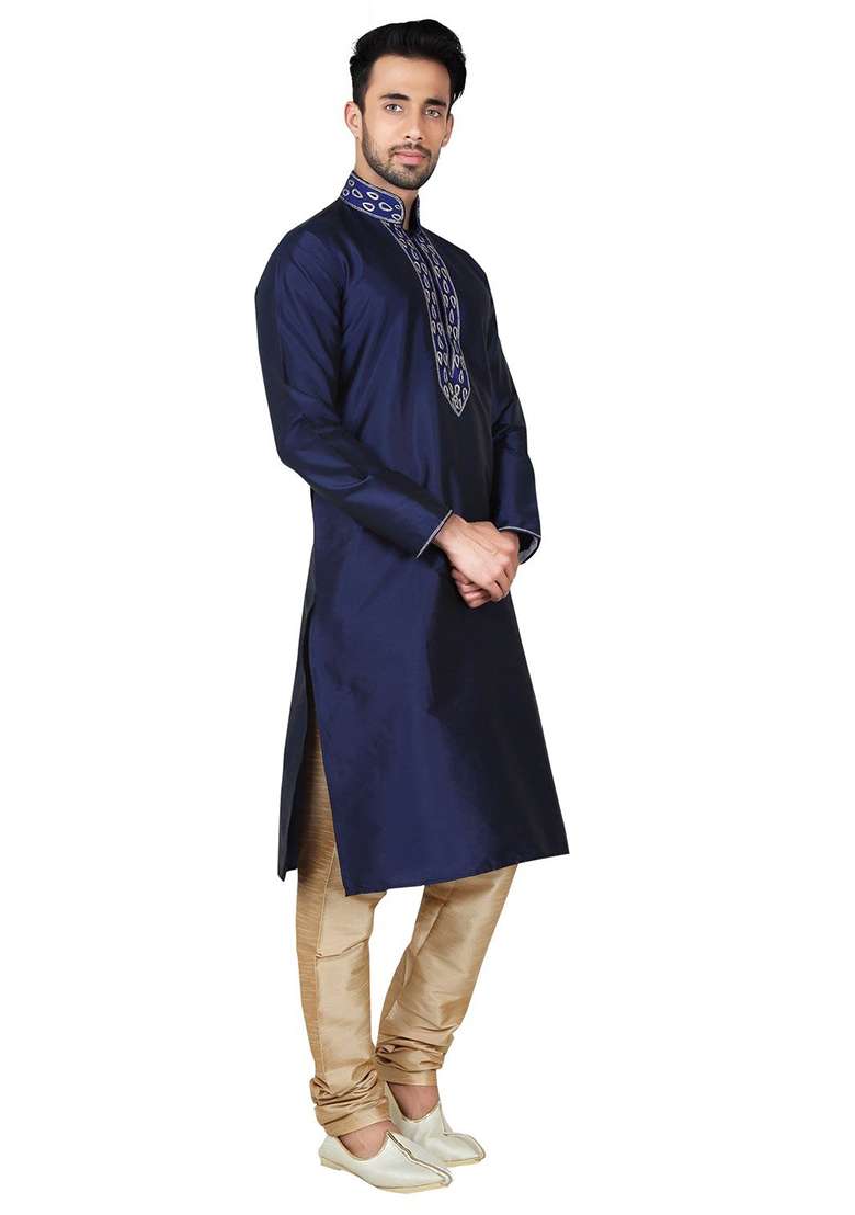 Navy Blue Solid Silk Blend Kurta Set For Men - Indya