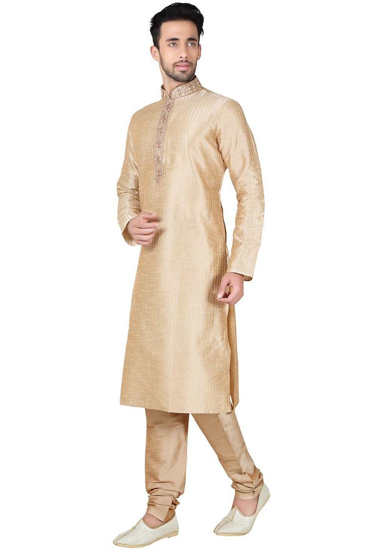 Gold Embroidered Silk Kurta Set For Men