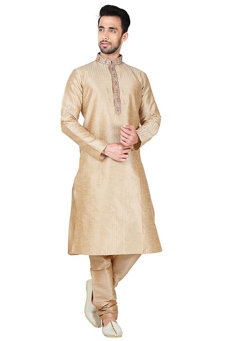 Gold Embroidered Silk Kurta Set For Men