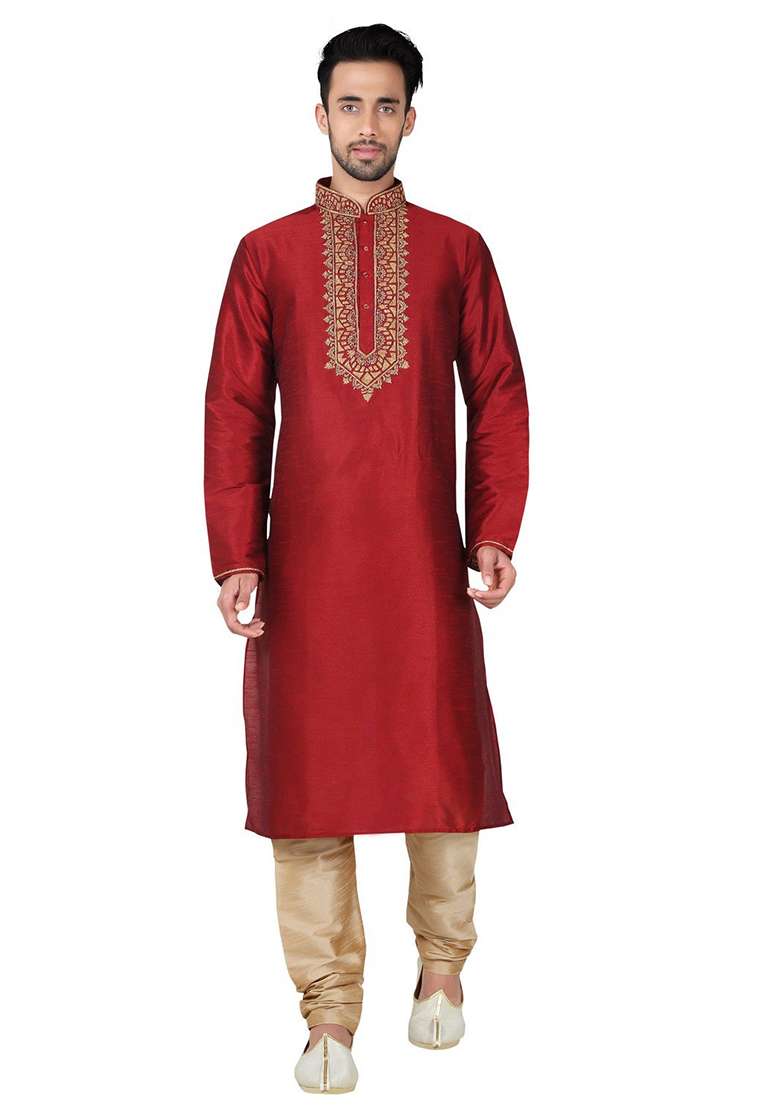 Maroon Solid Silk Blend Kurta Set For Men - Indya