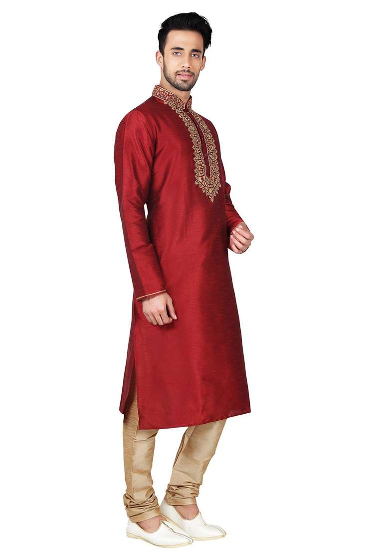 Maroon Solid Silk Blend Kurta Set For Men - Indya