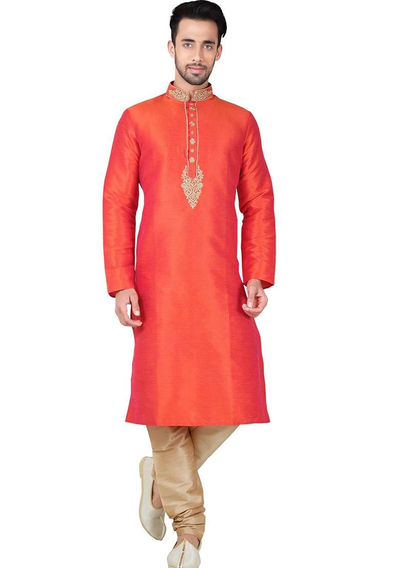 Orange Solid Silk Blend Kurta Set For Men - Indya