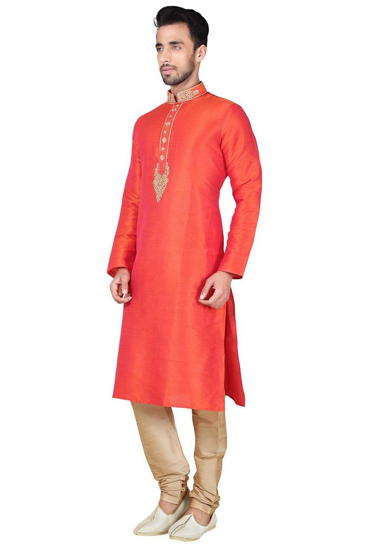 Orange Solid Silk Kurta Set For Men