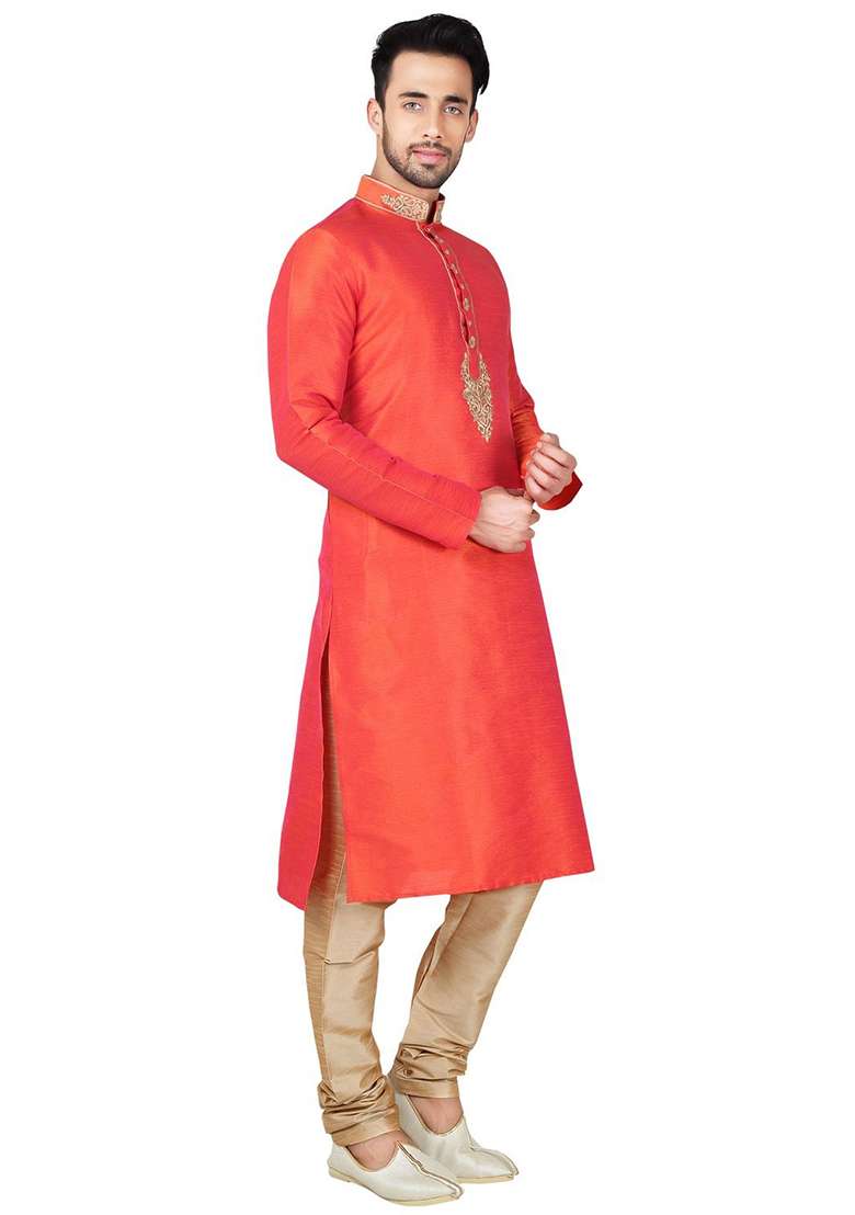 Orange Solid Silk Blend Kurta Set For Men - Indya