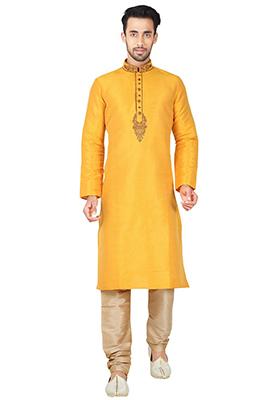 Yellow Solid Silk Kurta Set For Men