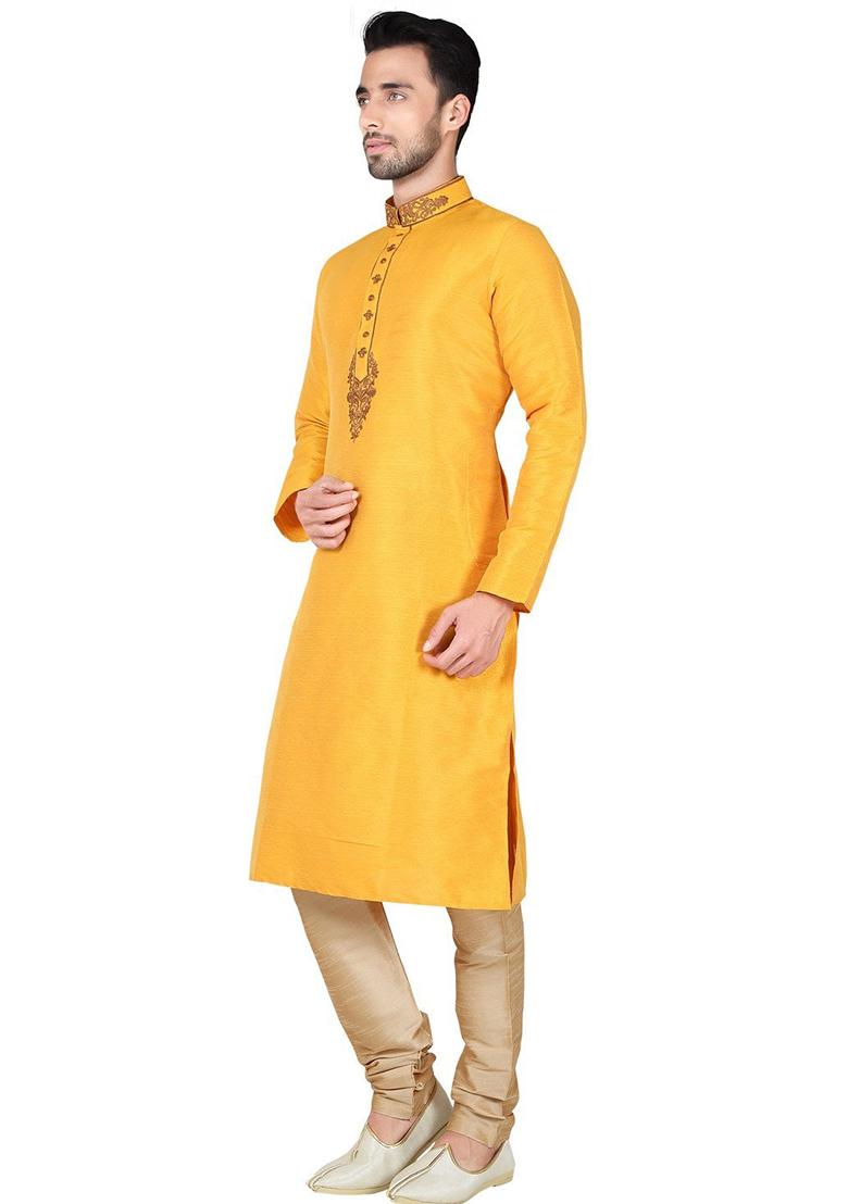 Yellow Solid Silk Kurta Set For Men