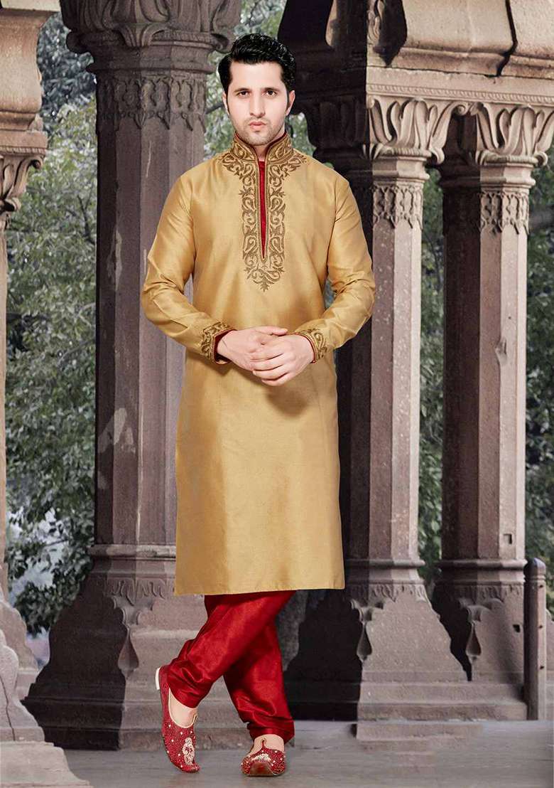 Gold Solid Silk Blend Kurta Set For Men - Indya