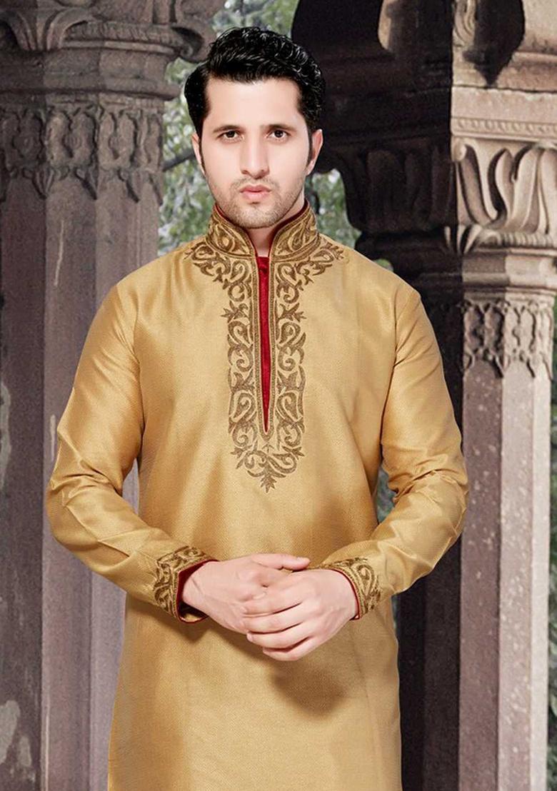 Gold Solid Silk Kurta Set For Men
