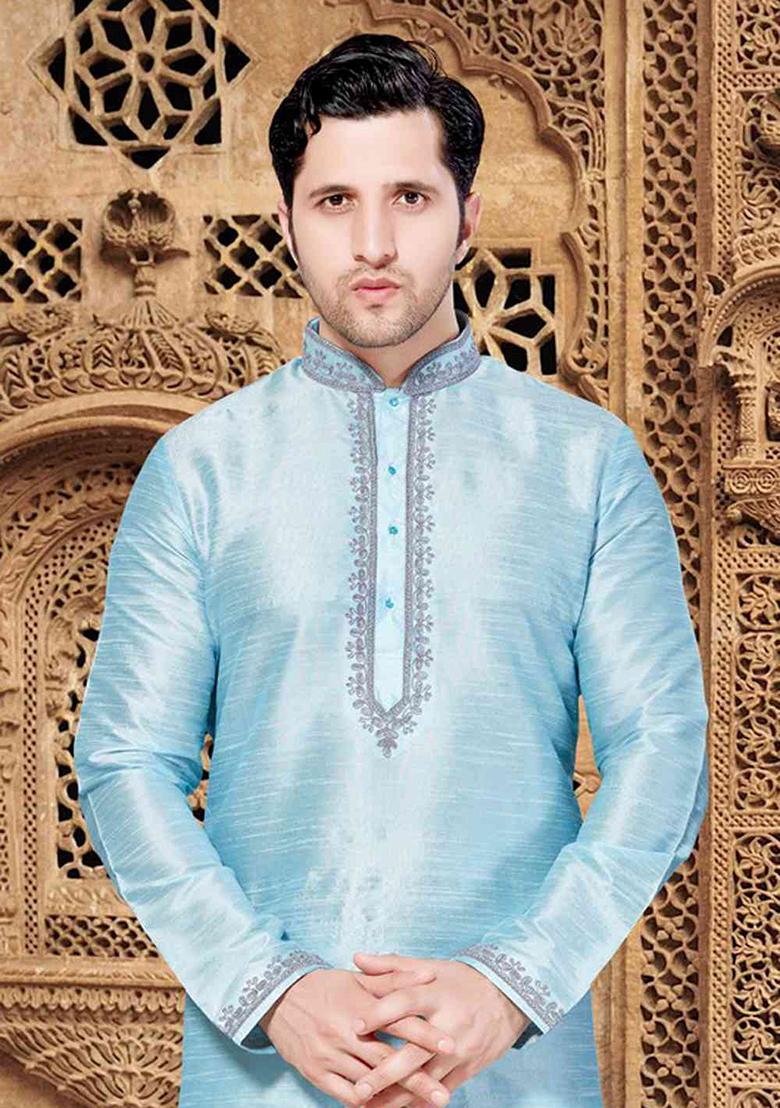 Blue Solid Silk Kurta Set For Men