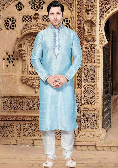 Blue Solid Silk Kurta Set For Men