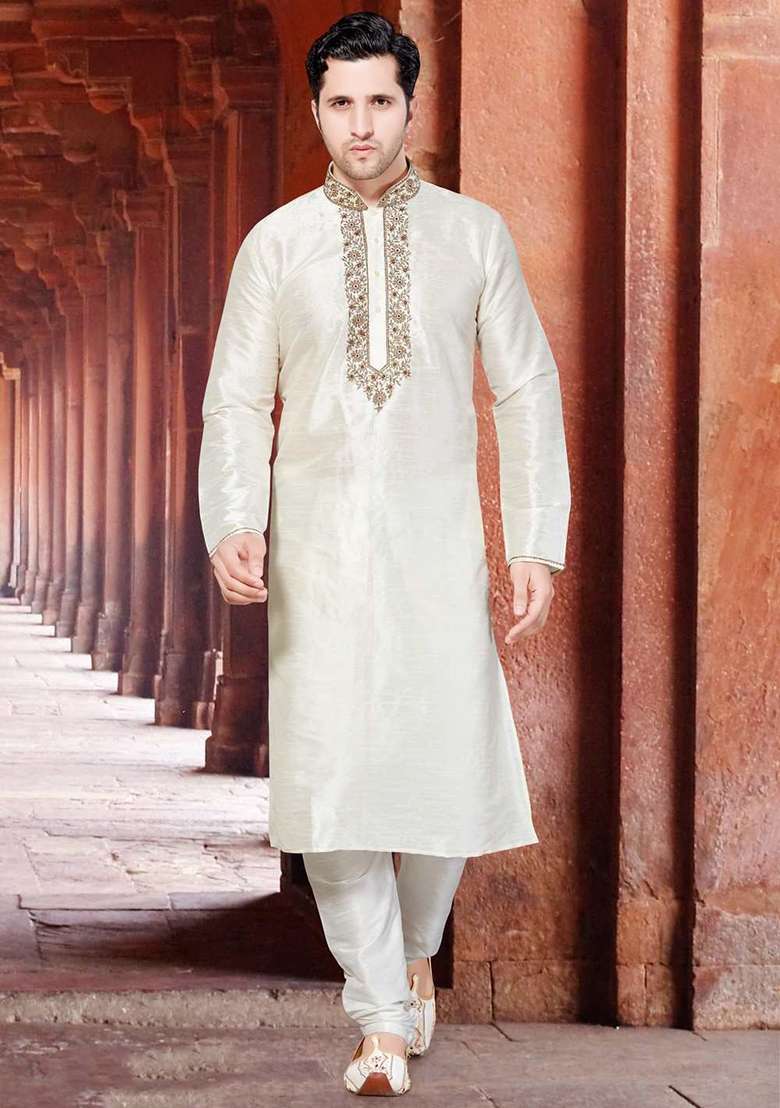Cream Solid Silk Blend Kurta Set For Men - Indya