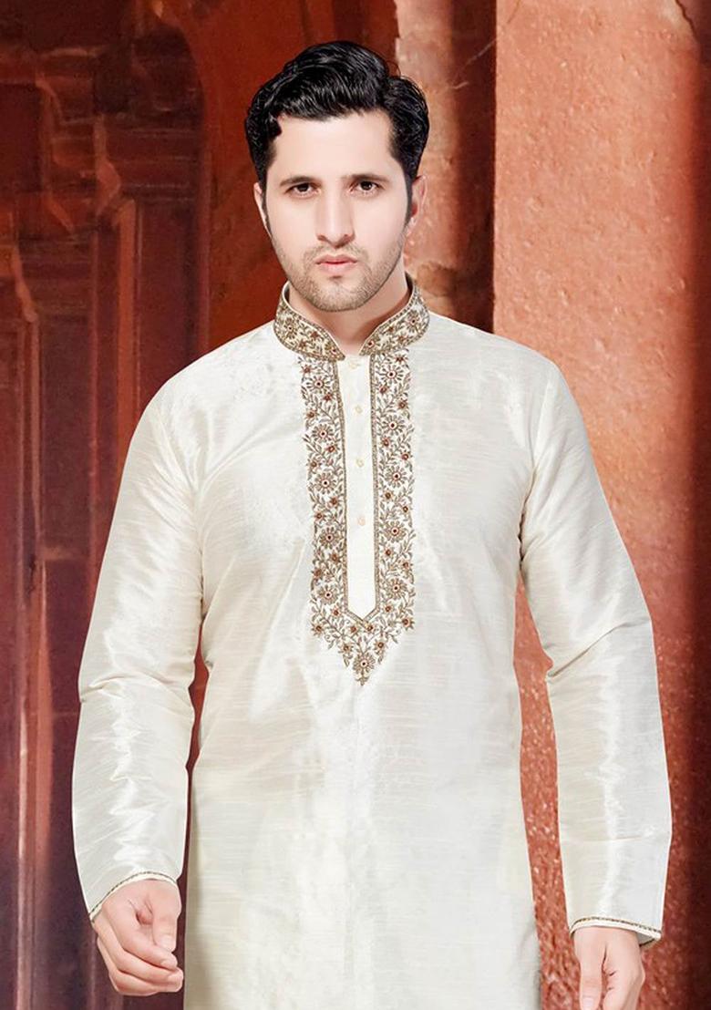 Cream Solid Silk Kurta Set For Men