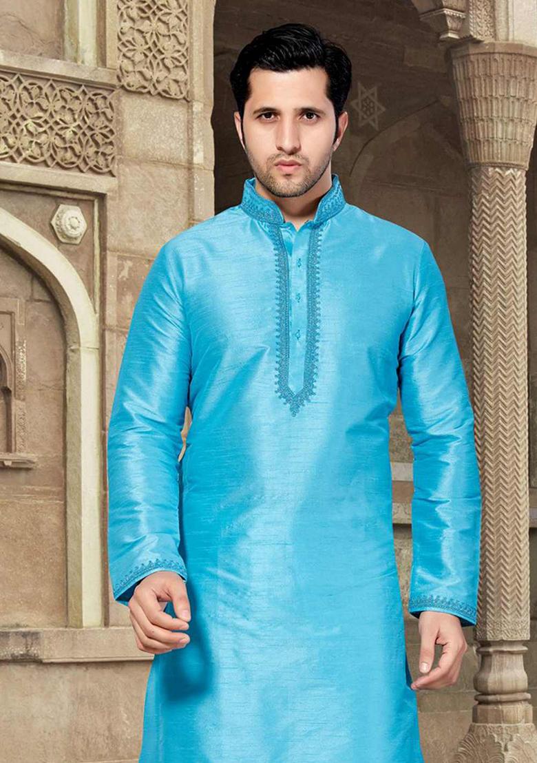 Firozi Blue Solid Silk Kurta Set For Men