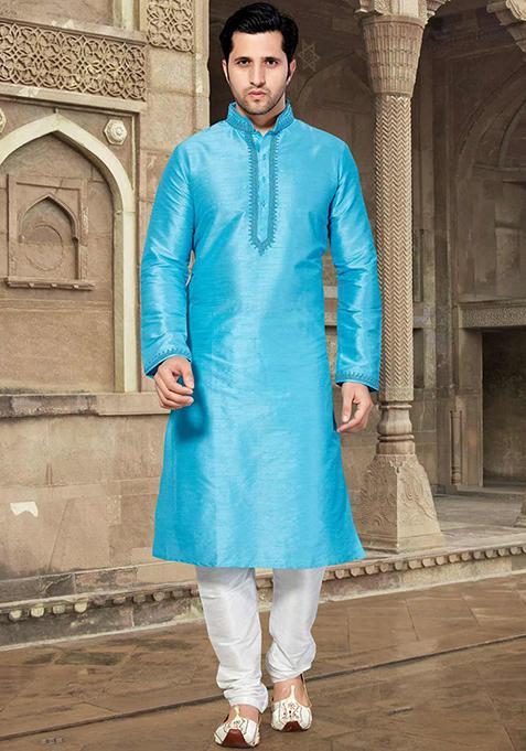 Firozi Blue Solid Silk Kurta Set For Men