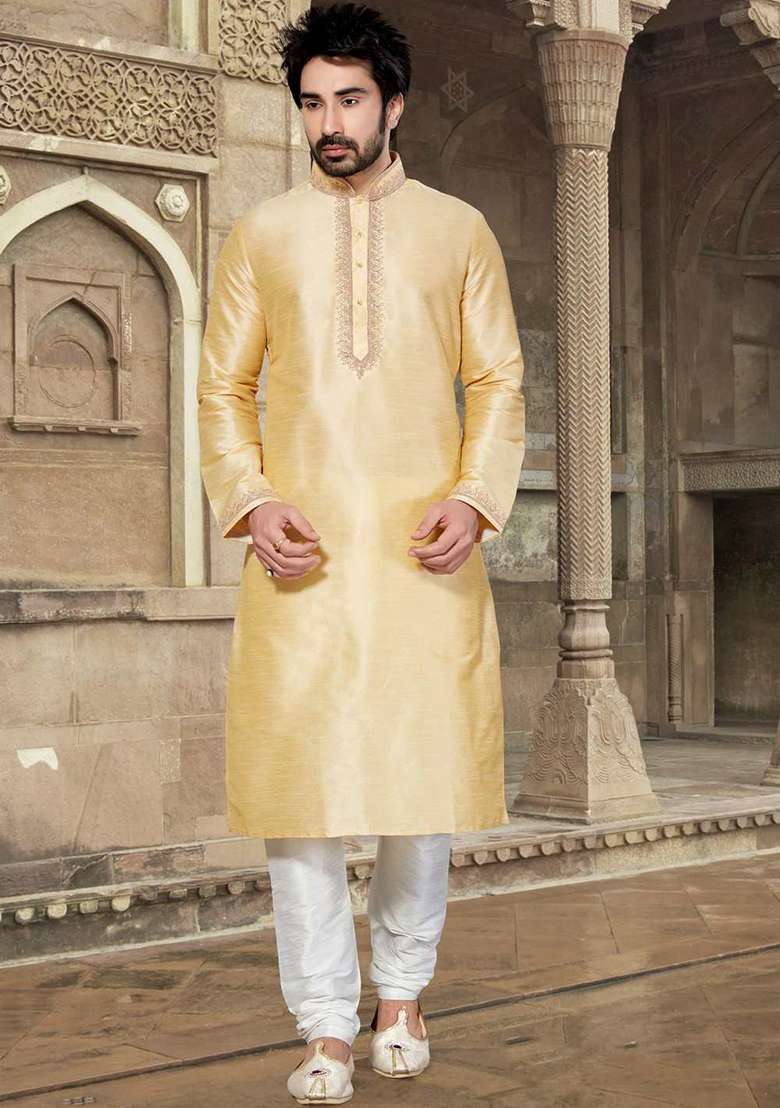 Dark Fawn Yellow Solid Silk Blend Kurta Set For Men - Indya