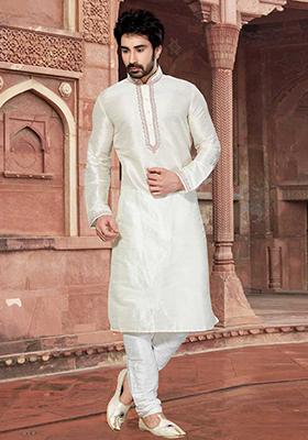 Cream Solid Silk Kurta Set For Men