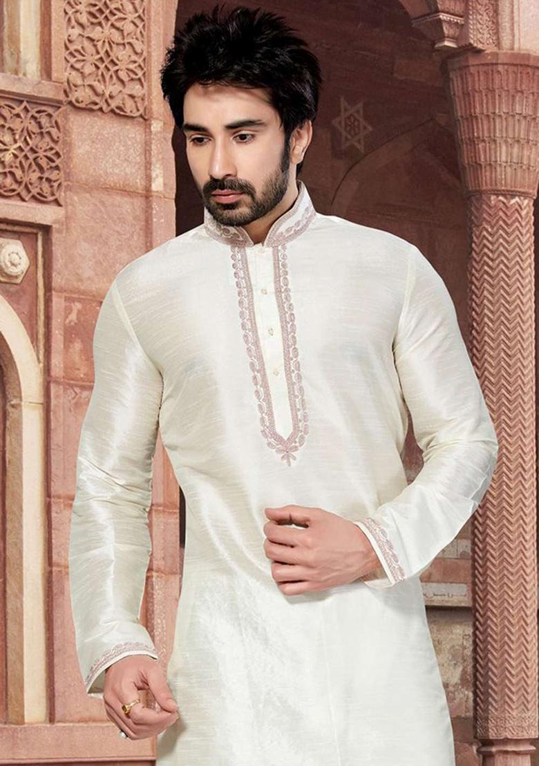 Cream Solid Silk Kurta Set For Men
