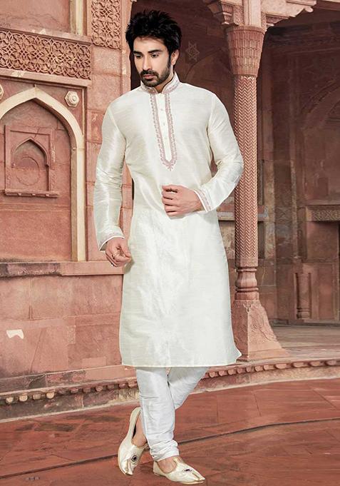 Cream Solid Silk Kurta Set For Men