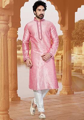 Pink Solid Silk Kurta Set For Men