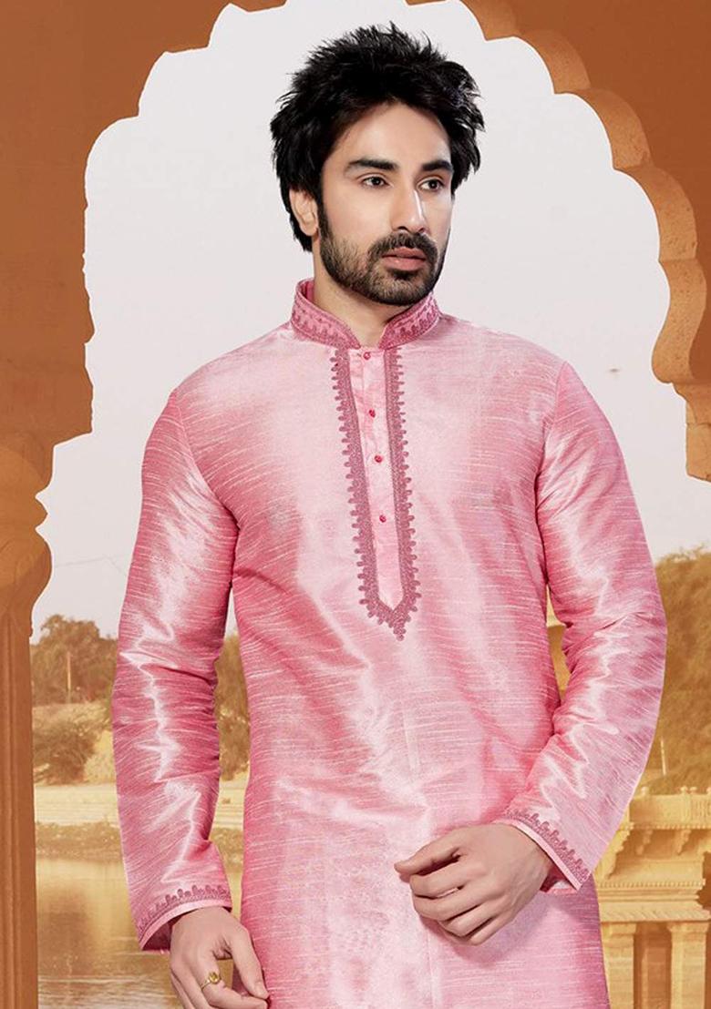 Pink Solid Silk Kurta Set For Men