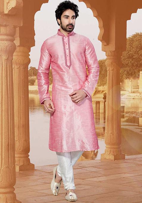 Pink Solid Silk Kurta Set For Men