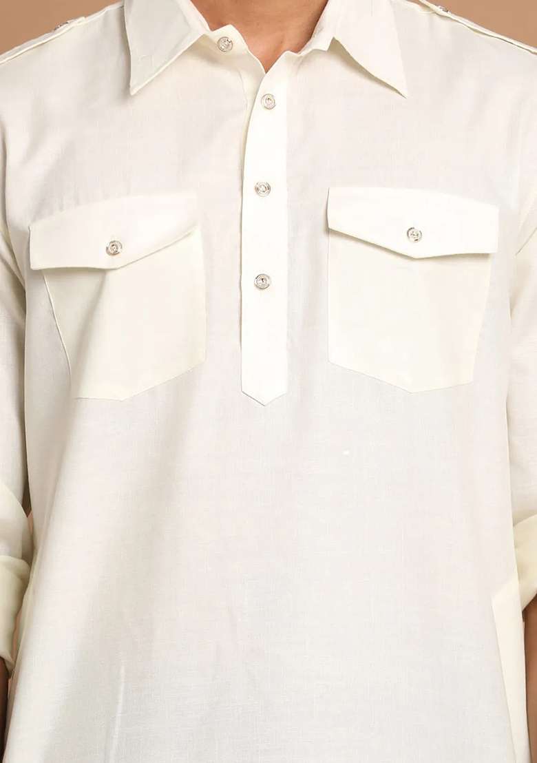 Lemon Cream Solid Cotton Kurta Set For Men - Indya