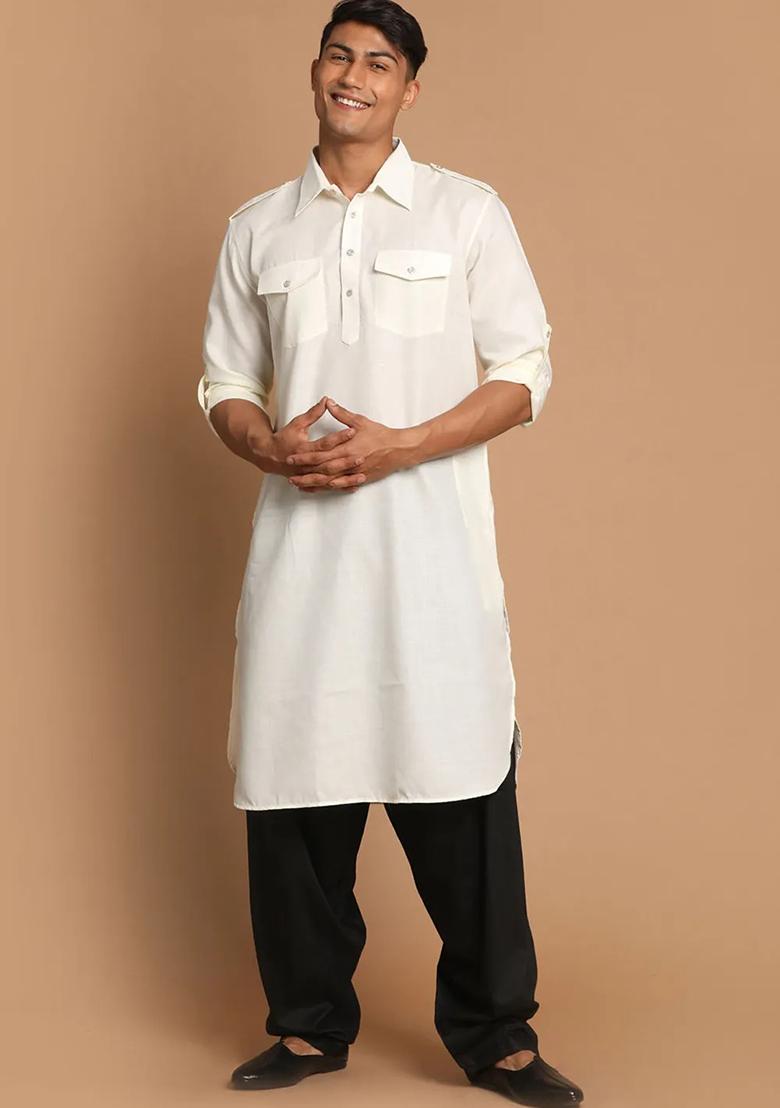 Lemon Cream Solid Cotton Kurta Set For Men