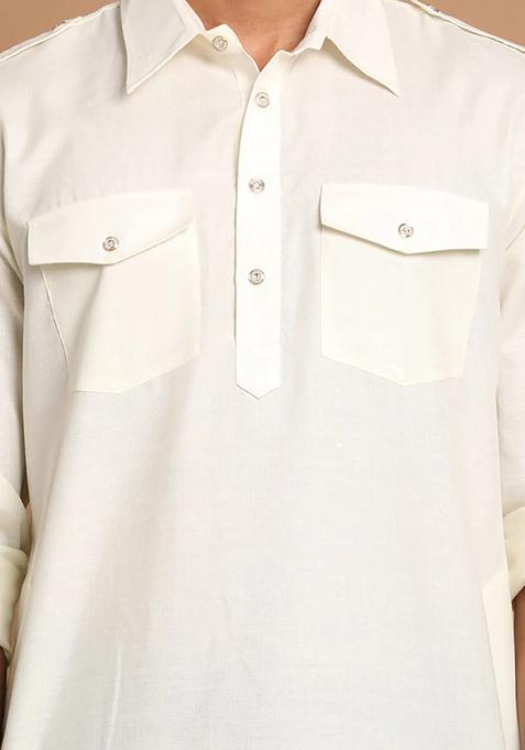 Lemon Cream Solid Cotton Kurta Set For Men