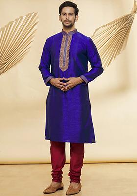 Blue Solid Silk Kurta Set For Men