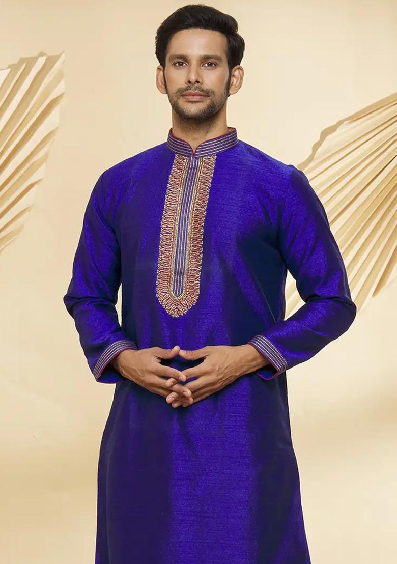 Blue Solid Silk Kurta Set For Men