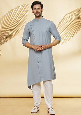 Grey Solid Cotton Kurta Set For Men