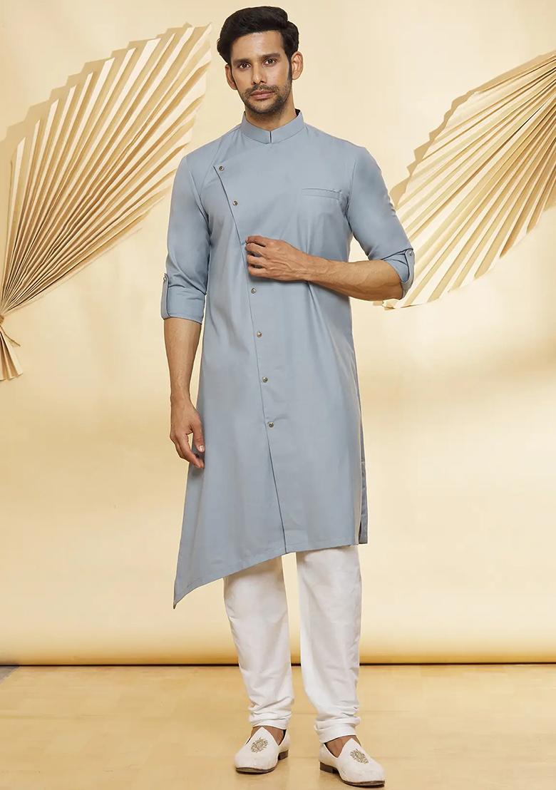 Grey Solid Cotton Kurta Set For Men