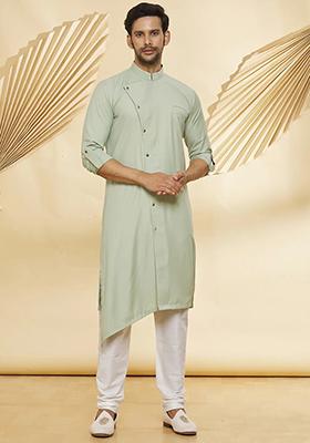 Pista Green Solid Cotton Kurta Set For Men