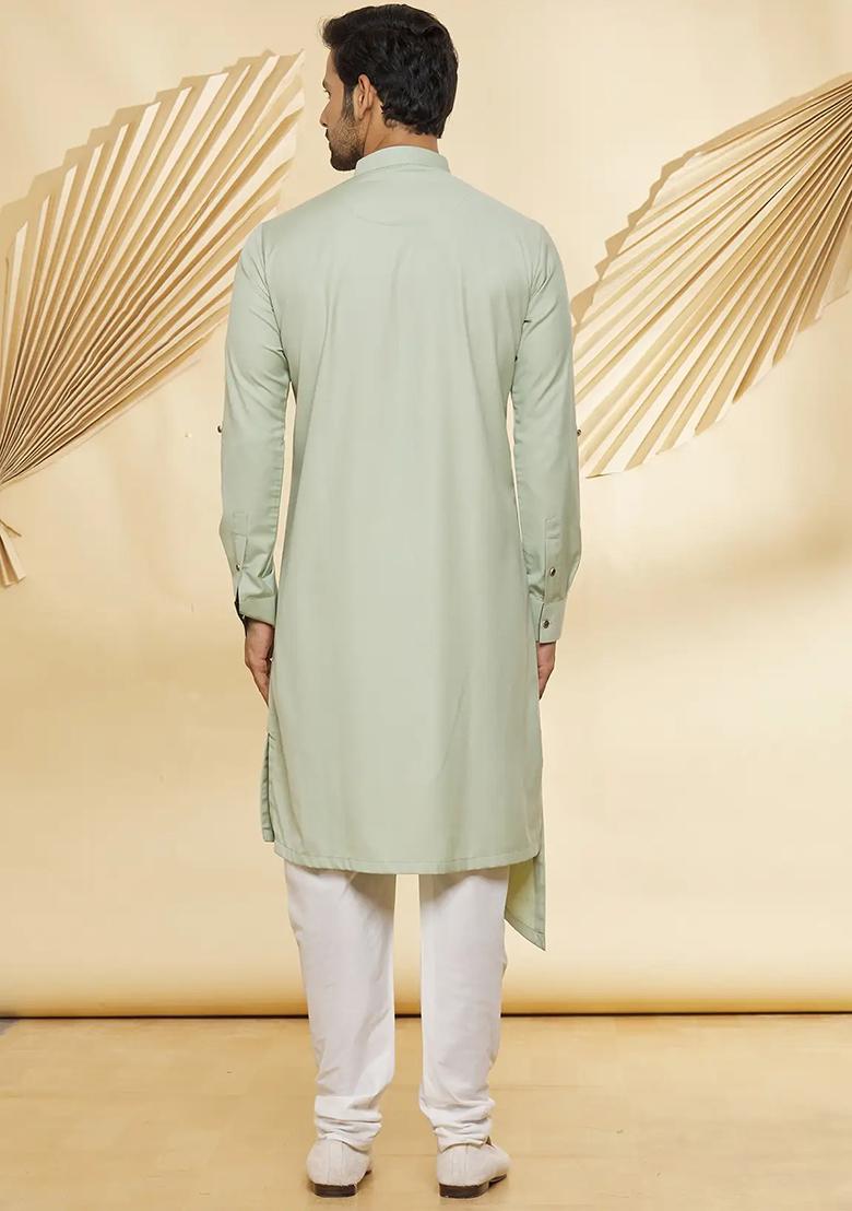Pista Green Solid Cotton Kurta Set For Men