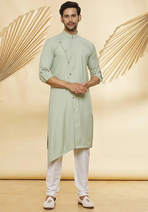 Pista Green Solid Cotton Kurta Set For Men