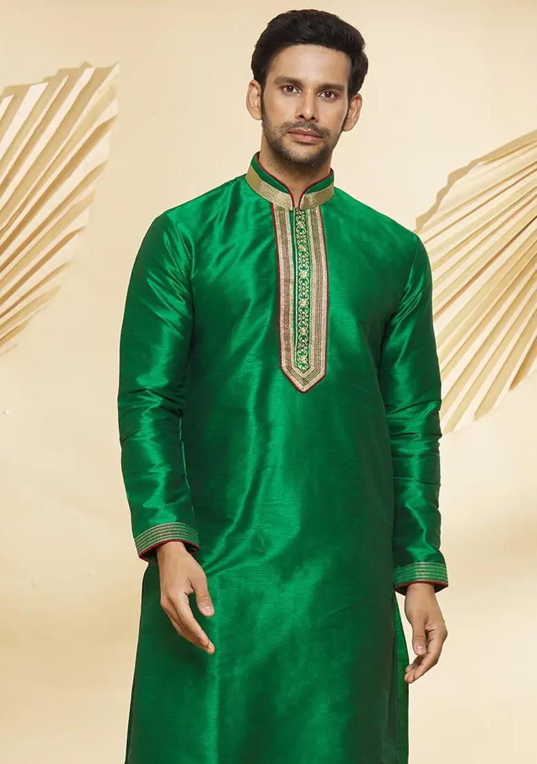 Green Embroidered Silk Kurta Set For Men