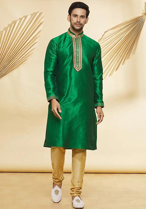 Green Embroidered Silk Kurta Set For Men