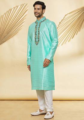 Turquoise Blue Embroidered Silk Kurta Set For Men