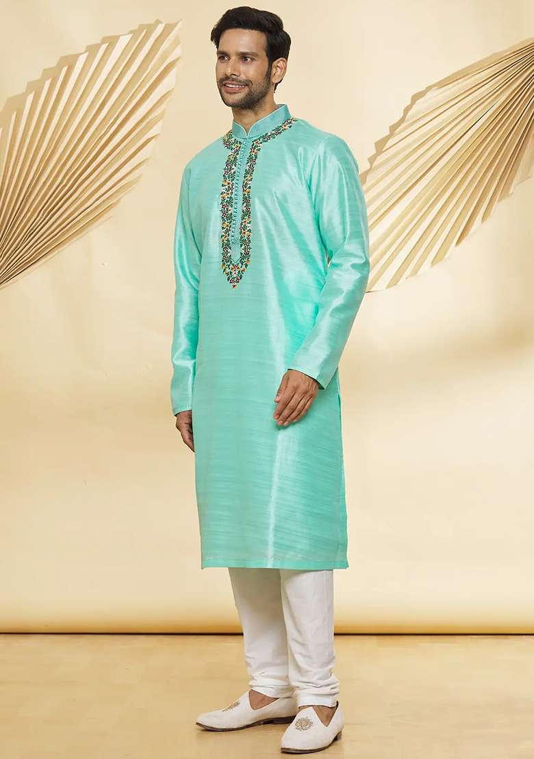 Turquoise Blue Embroidered Silk Blend Kurta Set For Men - Indya