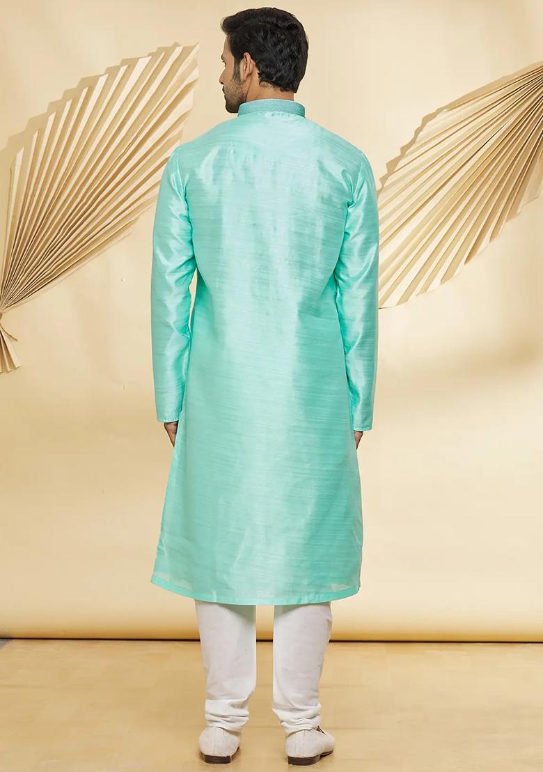 Turquoise Blue Embroidered Silk Kurta Set For Men