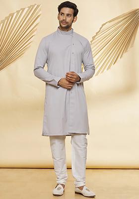 Light Grey Solid Cotton Kurta Set For Men