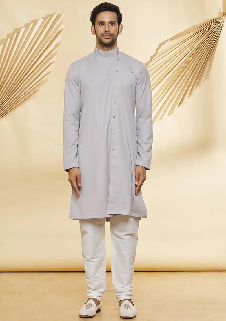 Light Grey Solid Cotton Kurta Set For Men